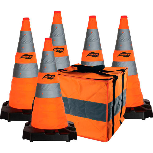 Aervoe 28in Heavy Duty Collapsible Safety Cone with LED Light, Weighted Base, 5 Pack