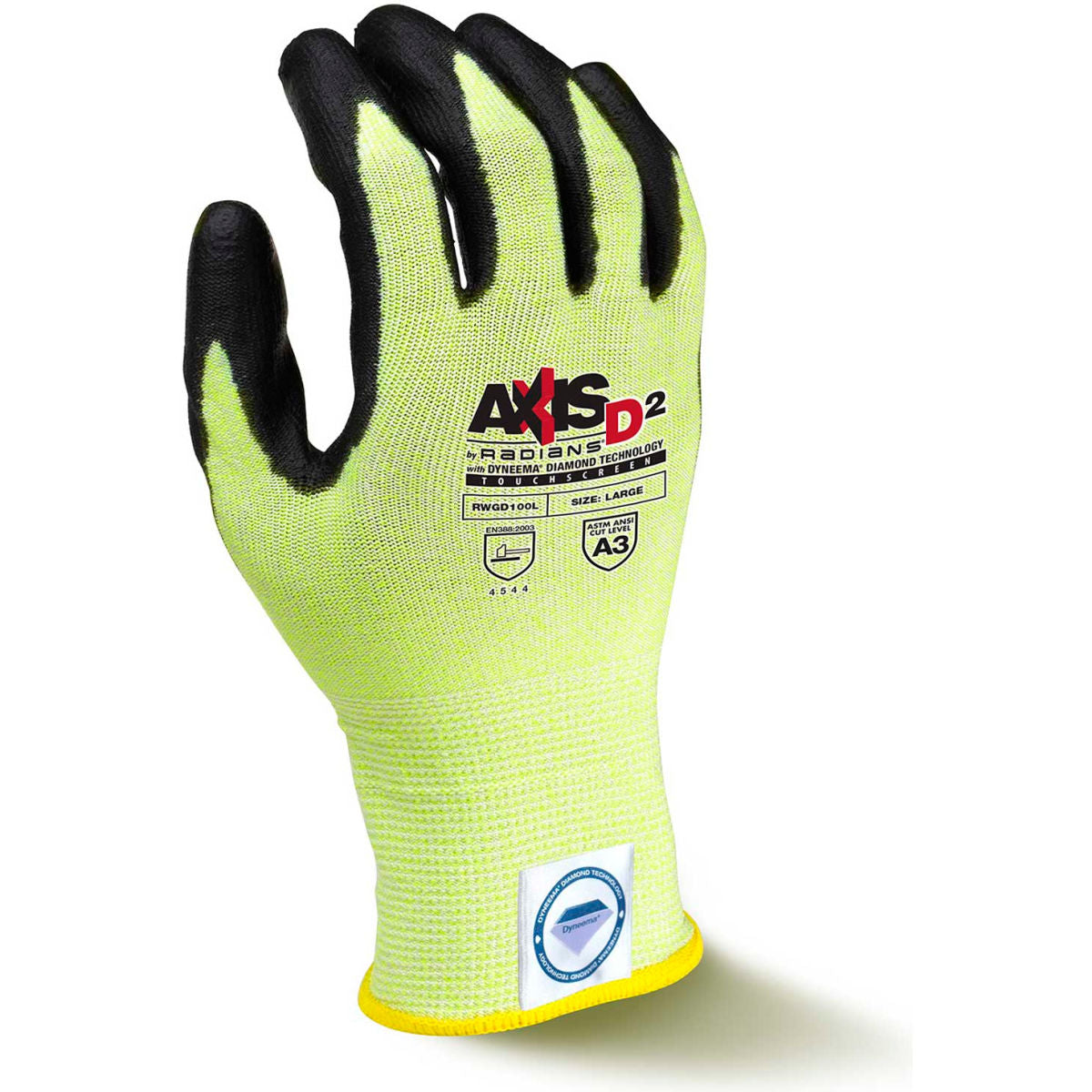 Radians Dyneema Diamond, Polyethylene, Polyester Cut Resistant Gloves, ANSI A3, 15 Gauge, Green, Size 2XL