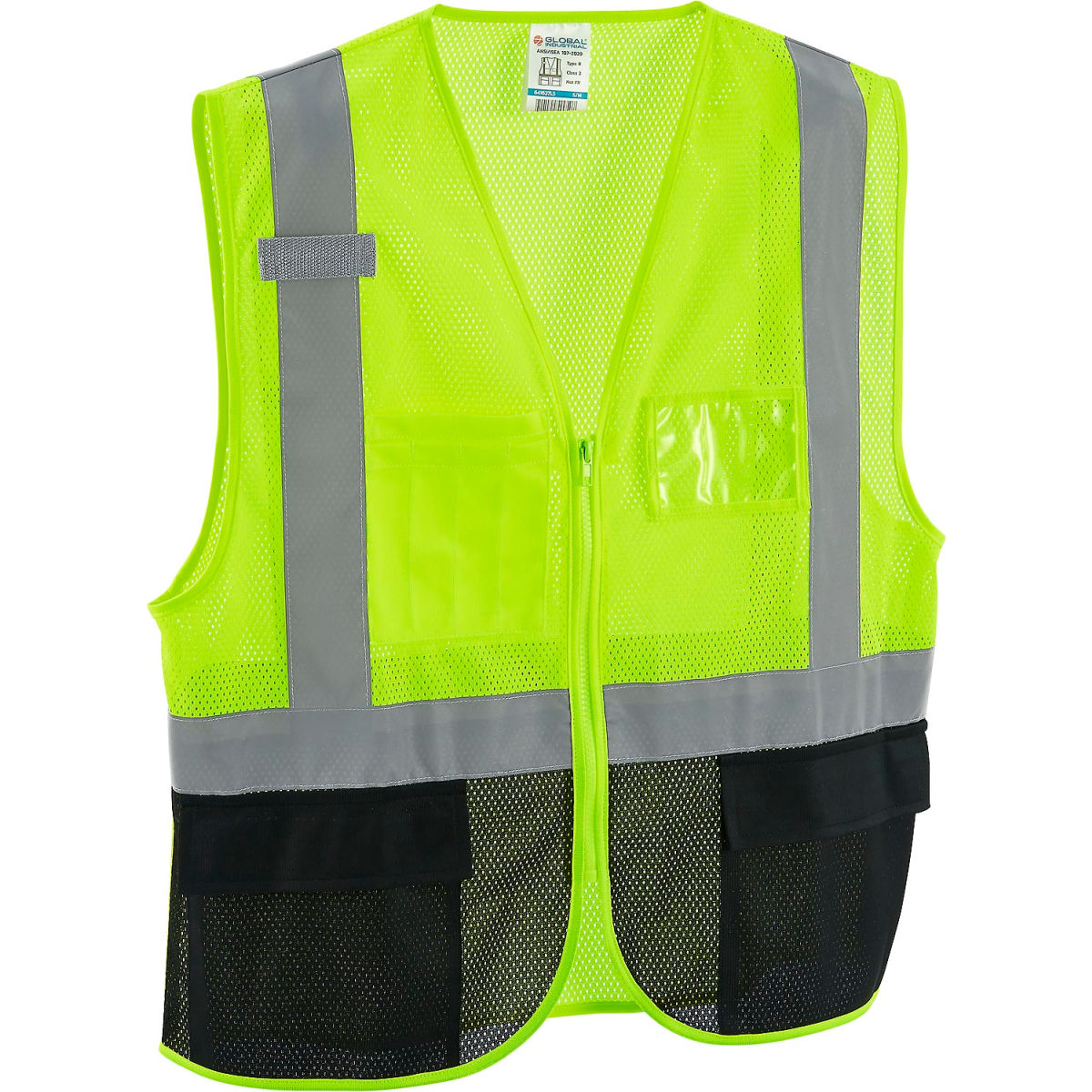 Global Industrial Class 2 Hi-Vis Safety Vest, 3 Pockets, Mesh, Lime/Black, S/M