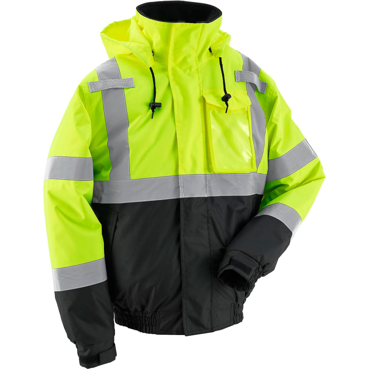 Global Industrial Hi-Vis Safety Bomber Jacket, 2in Reflective Strips, 4 Pockets, Lime, Size 3XL