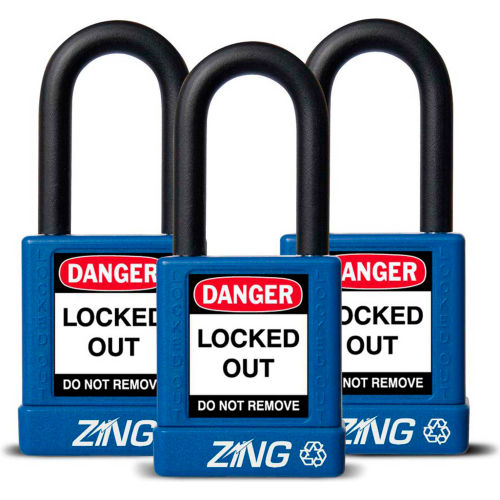 ZING RecycLock Safety Padlock, Keyed Alike, 1-1/2in Shackle, 1-3/4in Body, Blue, 3 Pack, 7064