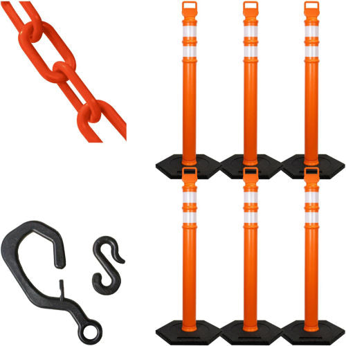 Mr. Chain Delineator Kit with 2in x 40ft Plastic Chain, Hexagonal Base, Traffic Orange, 6 Pack