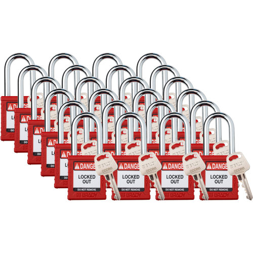 Brady Safety Lockout Padlock, Keyed Different, 1-1/2in, Plastic and Steel, Red, 24/PK