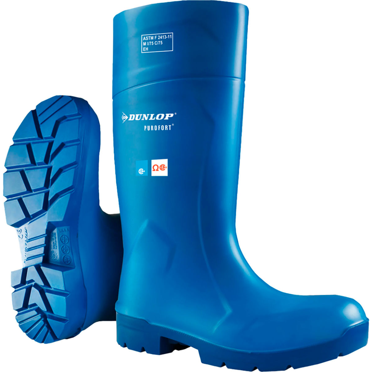 Dunlop FoodPro Purofort Multi Grip Safety Boots, Cleated Outsole, Steel Toe, Size 4, 13-3/4inH, Blue
