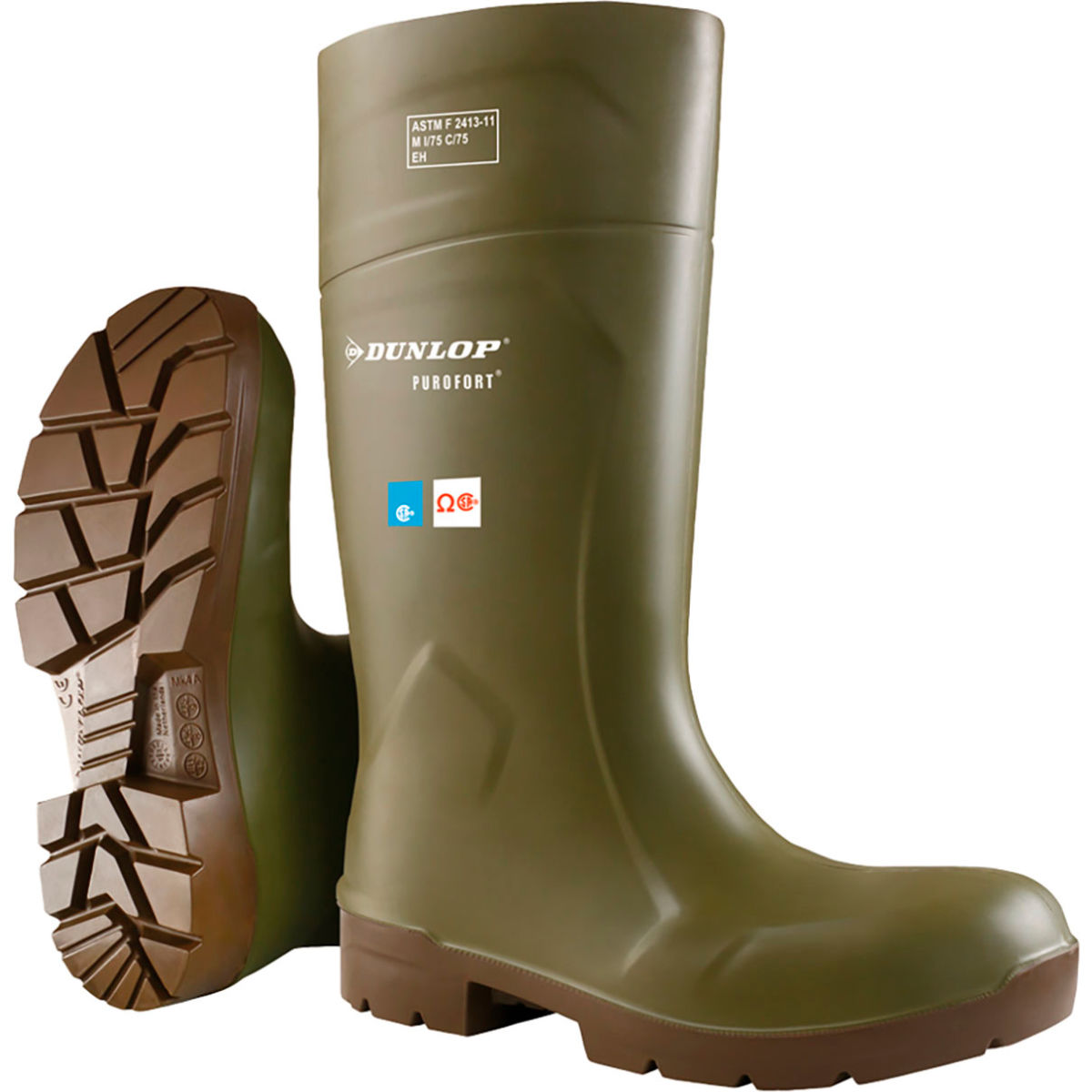 Dunlop FoodPro Purofort Multi Grip Safety Boots, Cleated Outsole, Steel Toe, Size 5, 14inH, Green