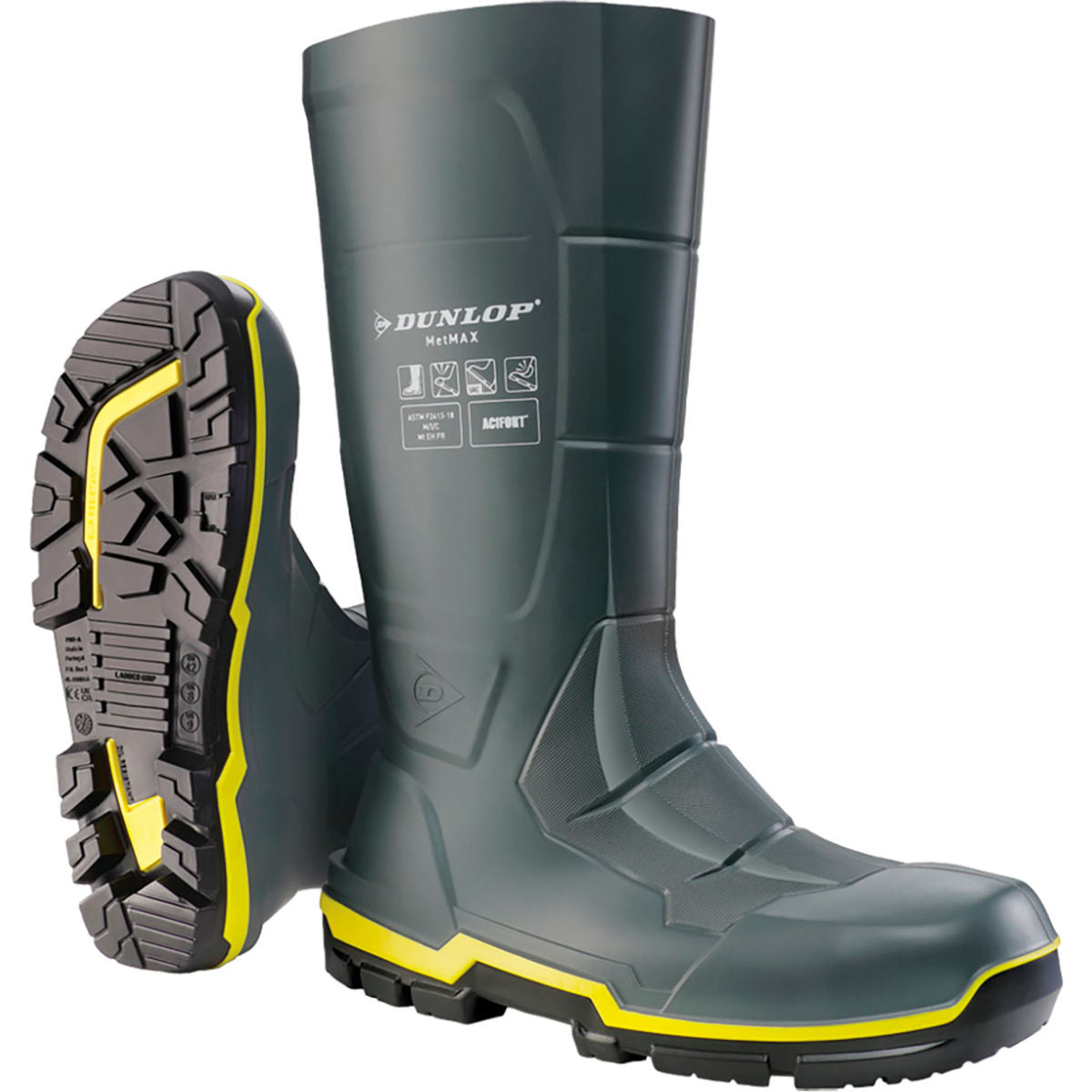 Dunlop Acifort MetMax Full Safety Boots, Cleated Outsole, Steel Toe, Size 10, 15inH, Gray