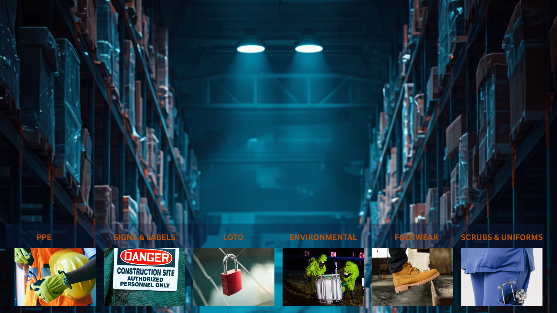 SafetyGrid hero — PPE, Signs & Labels, LOTO, Environmental, Footwear, Scrubs & Uniforms