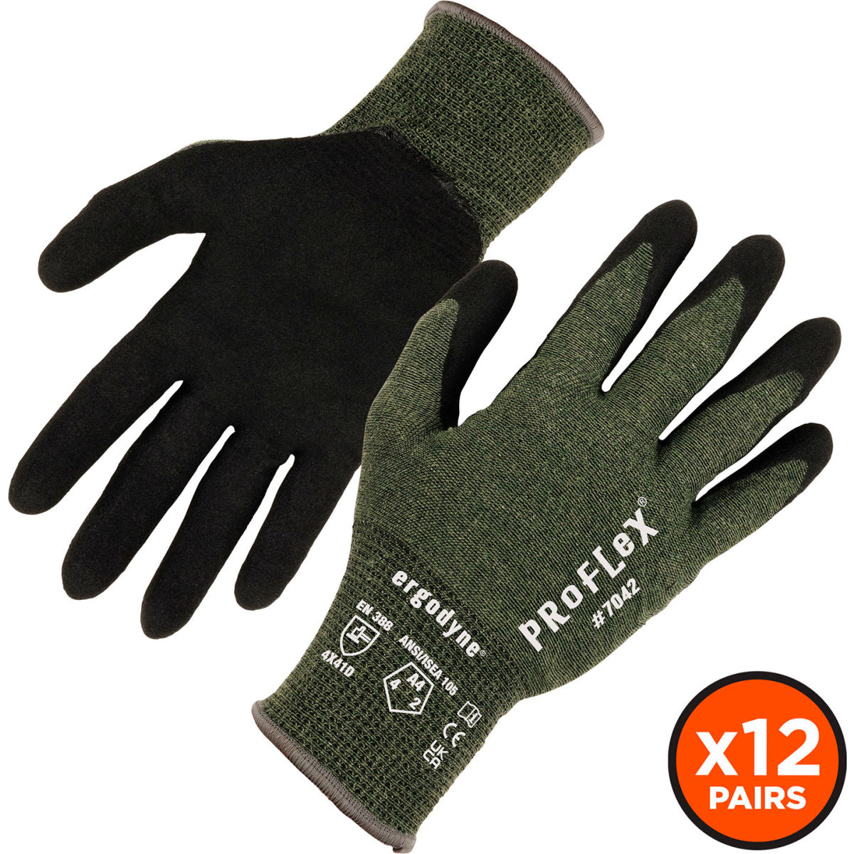Ergodyne Aramid, Nylon, Nitrile Cut Resistant Gloves, ANSI A4, 18 Gauge, Green, Size 2XL, Pack of 12