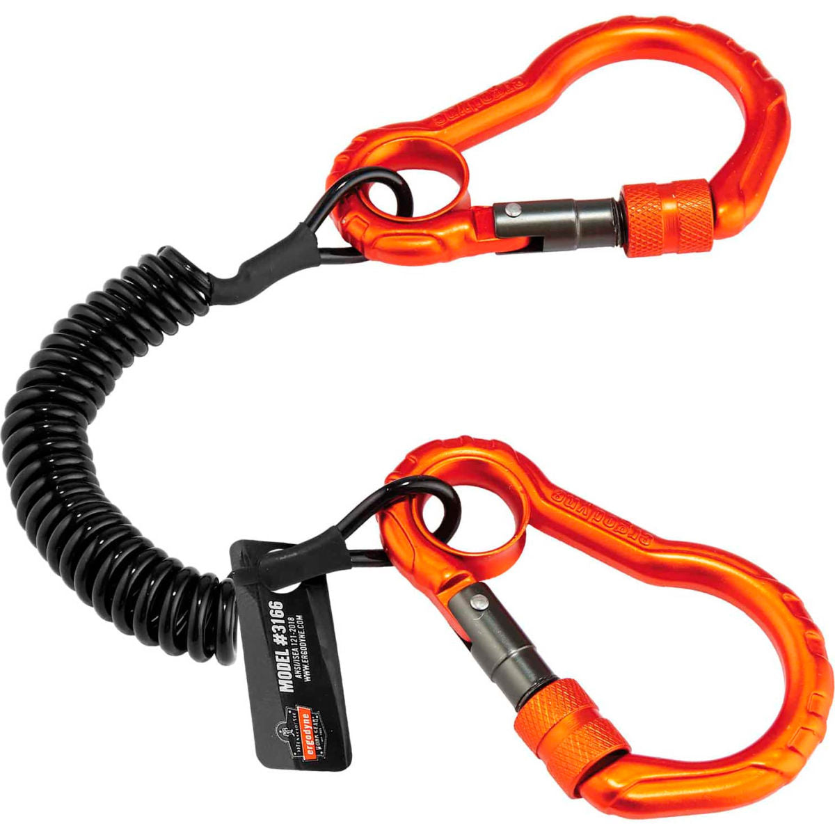 Ergodyne Squids 3166 Coil Tool Lanyard with Dual Carabiners, Black, 2lbs, Pack of 6