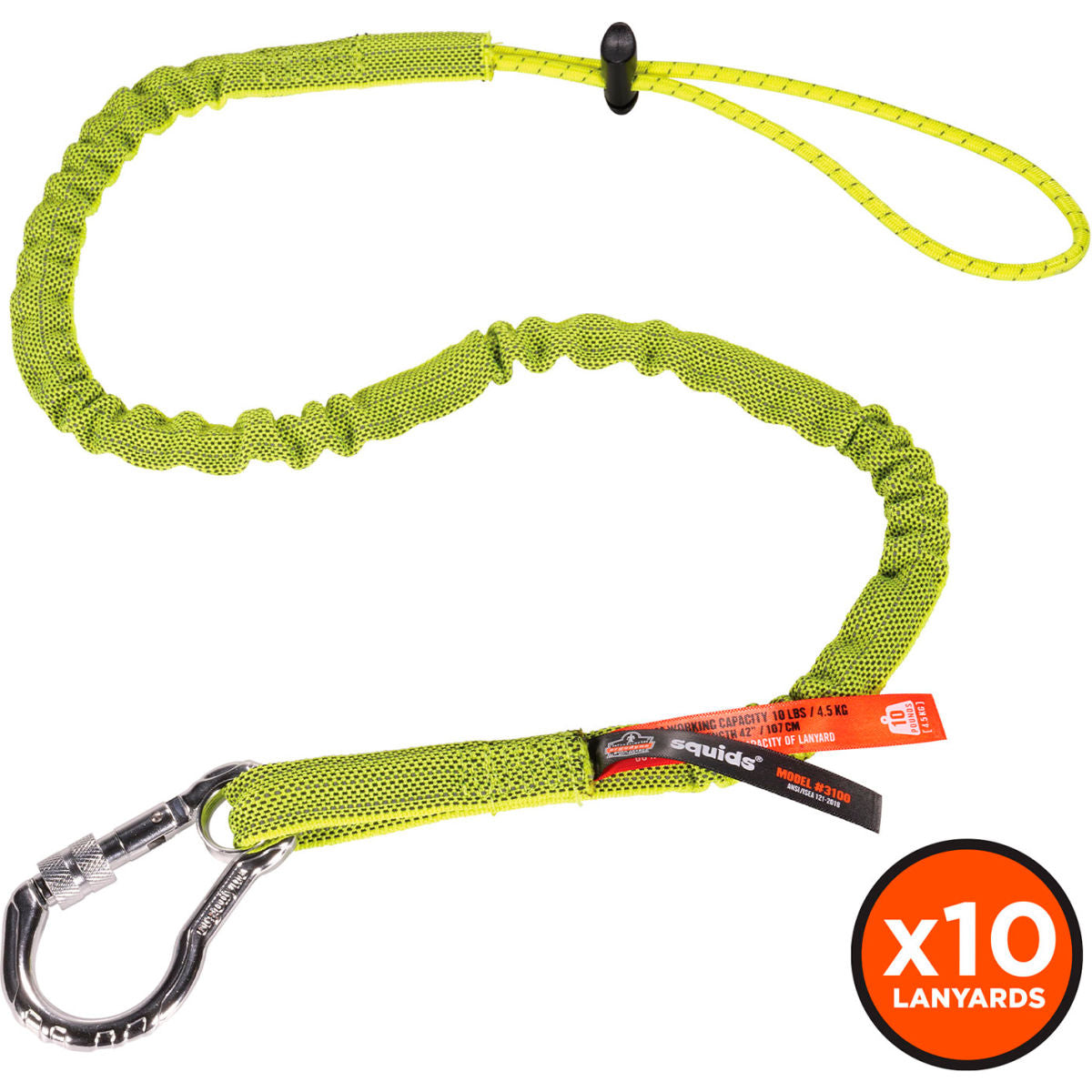 Ergodyne Squids 3100 Standard Lanyard with Carabiner & Cinch Loop, Lime, Pack of 10