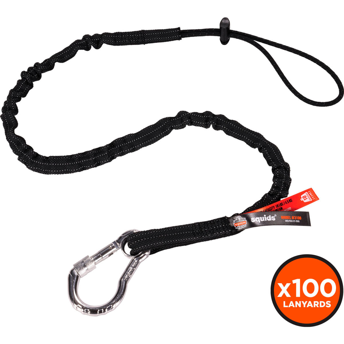 Ergodyne Squids 3100 Standard Lanyard with Carabiner & Cinch Loop, Black, Pack of 100