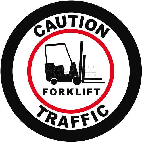 Ergomat Durastripe 12in Round Floor Sign, Caution Forklift Traffic