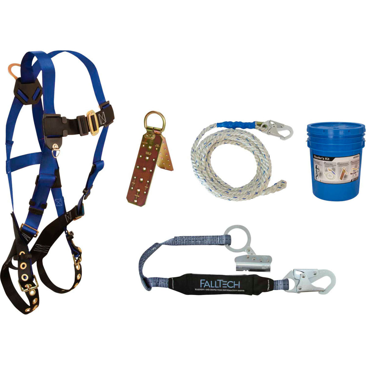 FallTech 8595A Roofer's Kit with 7016 Harness, 3' Shock Absorbing Lanyard & Roof Anchor