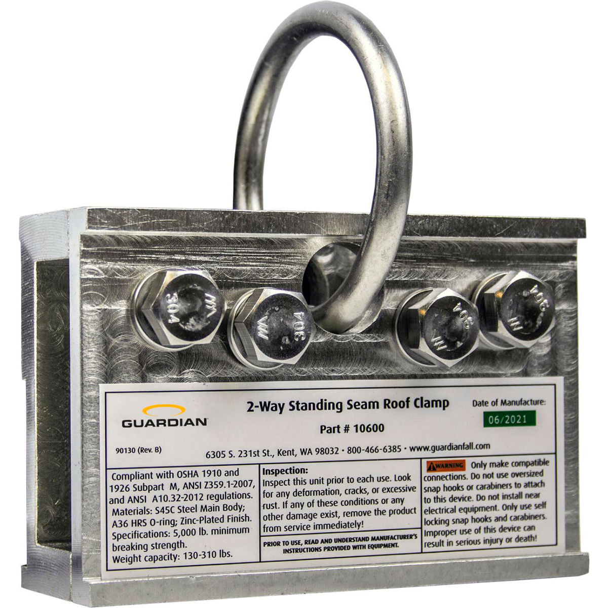 Guardian Universal Standing Seam Roof Clamp, 2-Way, Galvanized Steel, 130-310 lbs. Capacity
