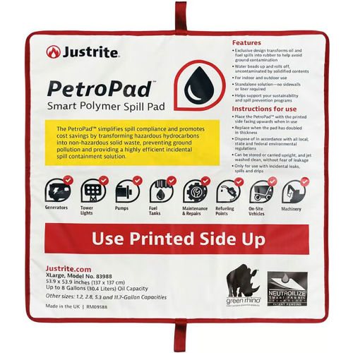 Justrite PetroPad Smart Polymer Spill Pad, 53-7/8inL x 53-7/8inW, Extra Large, White