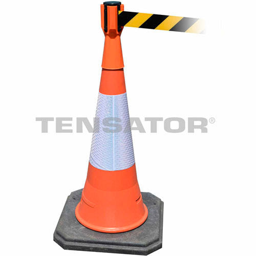 Tensabarrier Queue Cone Topper, Orange, with 7.5ft Black and Yellow Retractable Belt