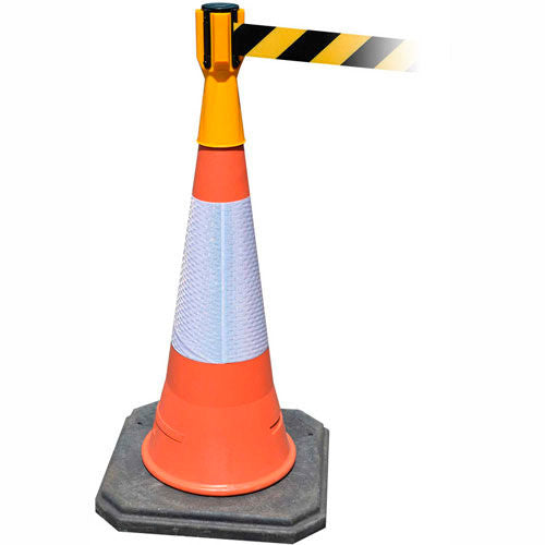 Tensabarrier Queue Cone Topper, Yellow, with 7.5ft Black and Yellow Retractable Belt