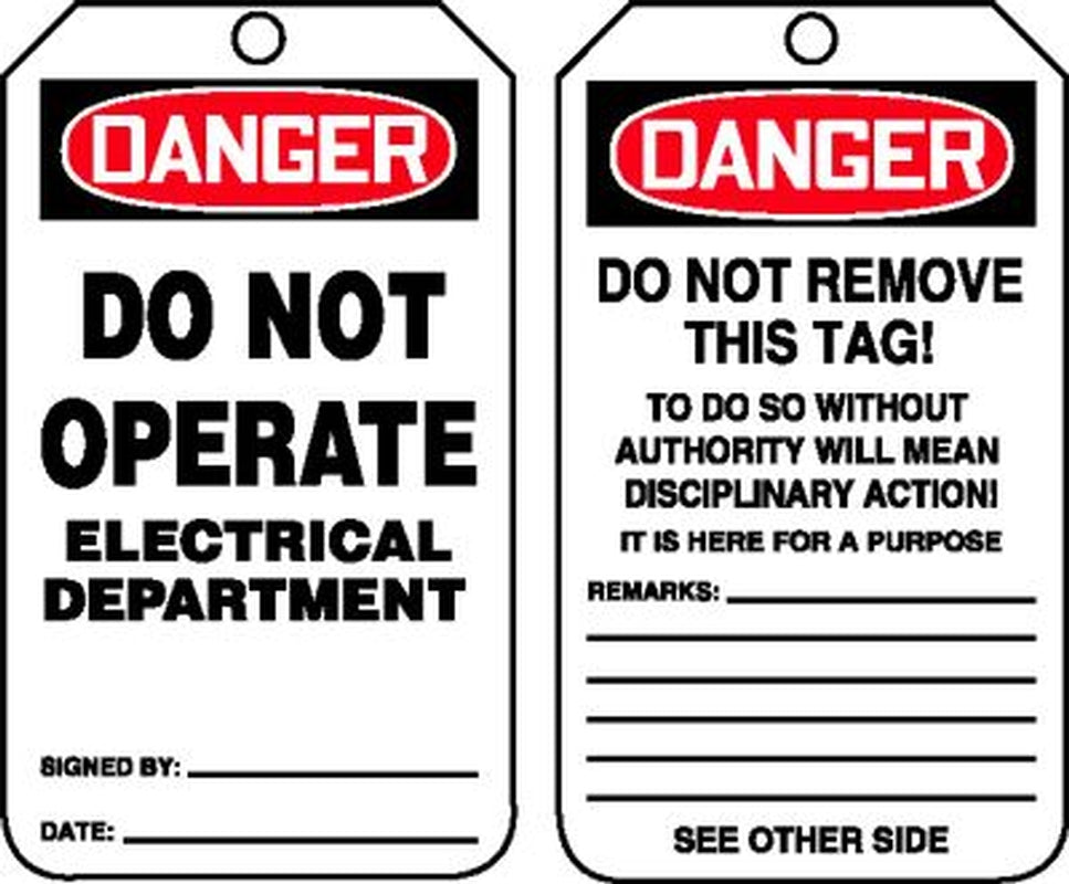 OSHA Danger Safety Tag: Do Not Operate, Electrical Department