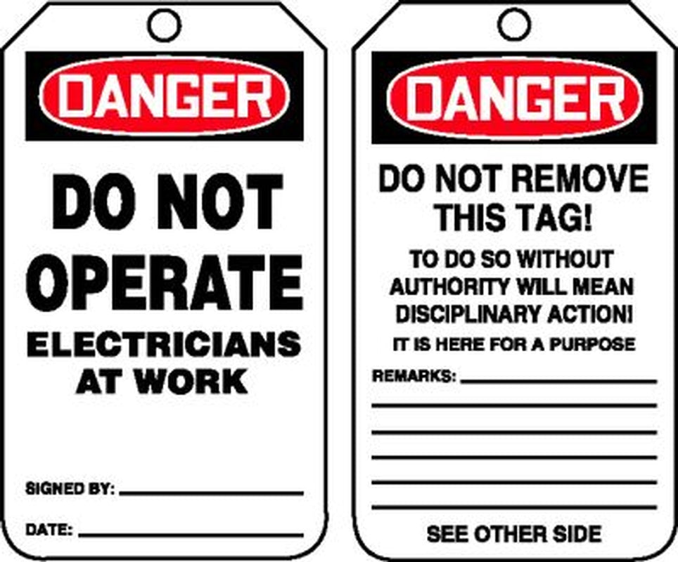 OSHA Danger Safety Tag: Do Not Operate, Electricians At Work