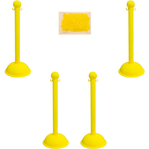 Mr. Chain Heavy Duty Plastic Stanchion Kit with 2in x 50ft L Chain, 41inH, Yellow, Pack of 4