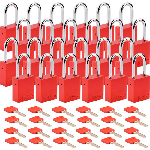 Brady Safety Lockout Padlock, Keyed Different, 1-1/2in, Aluminum and Steel, Red, 24/PK