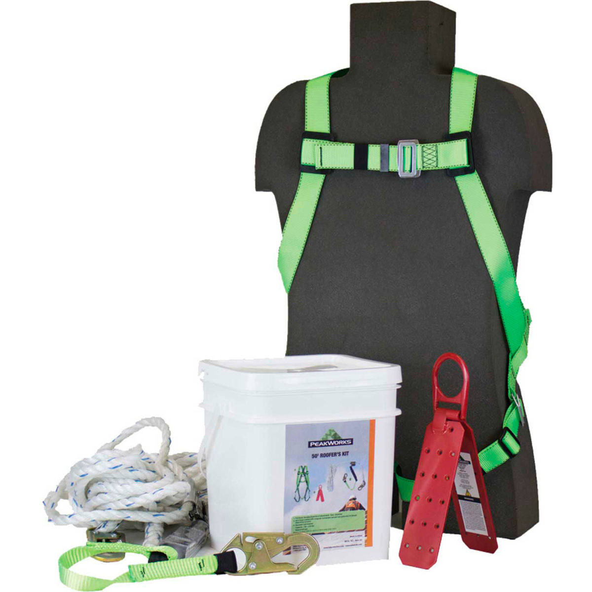 PeakWorks RK6-25 Roofer's Fall Protection Kit - Harness, 3' Shock Absorbing Lanyard, 25' Lifeline