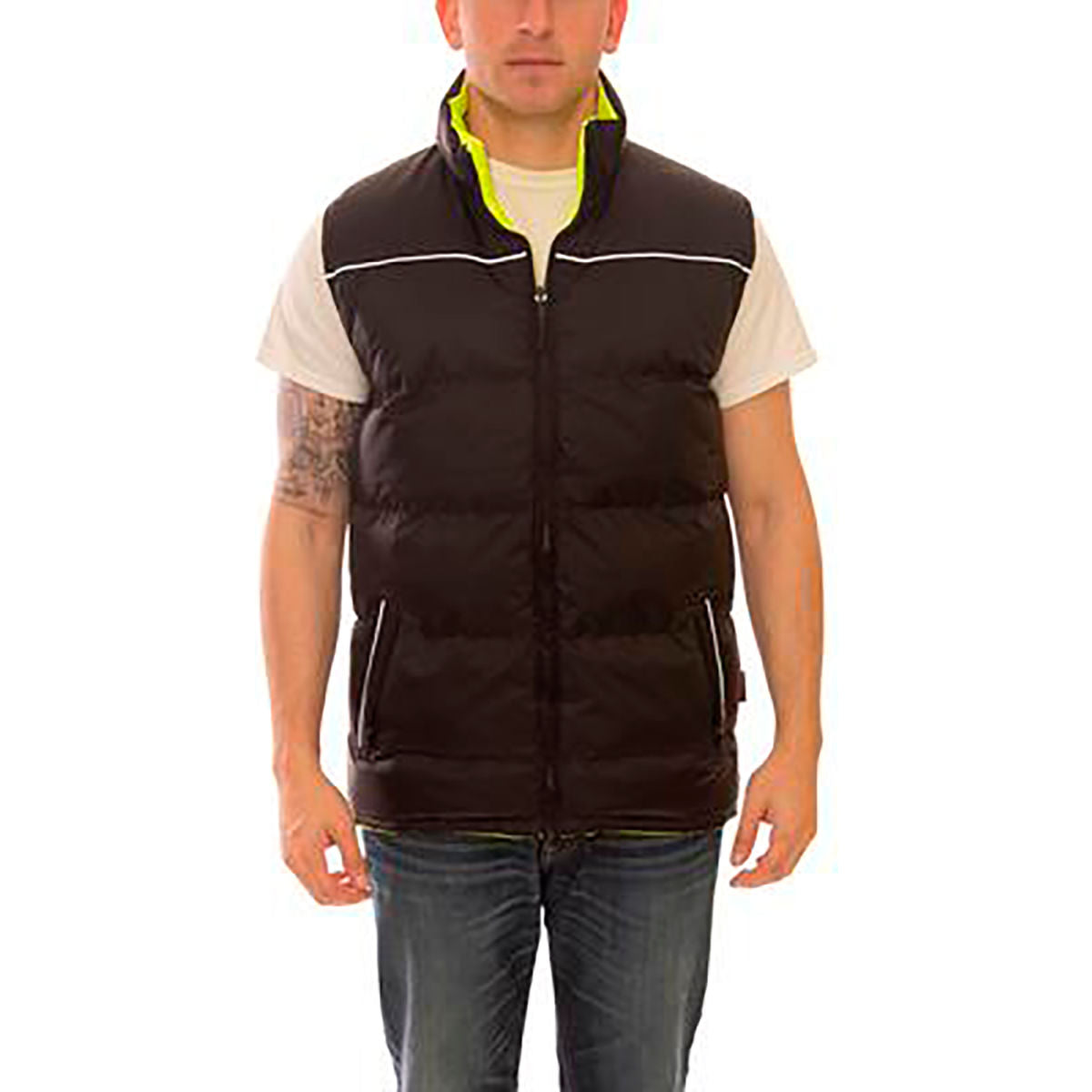 Workreation Reversible Insulated Zipper Vest, Black/FL Lime, Polyurethane/Polyester, 5XL