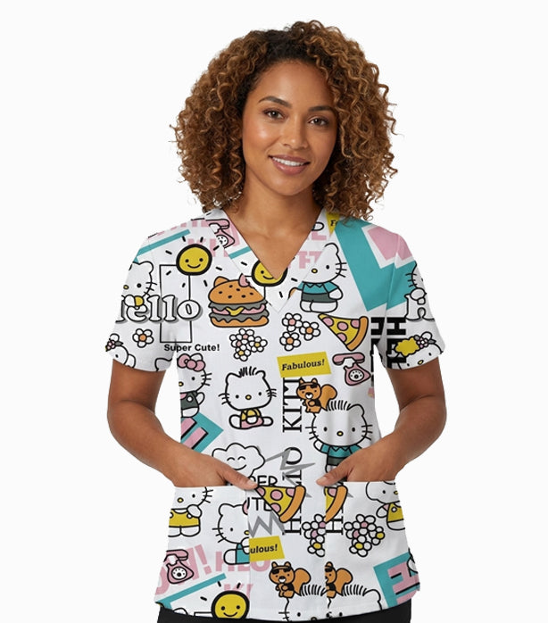RMF Hello Kitty Print Scrub Top V-Neck